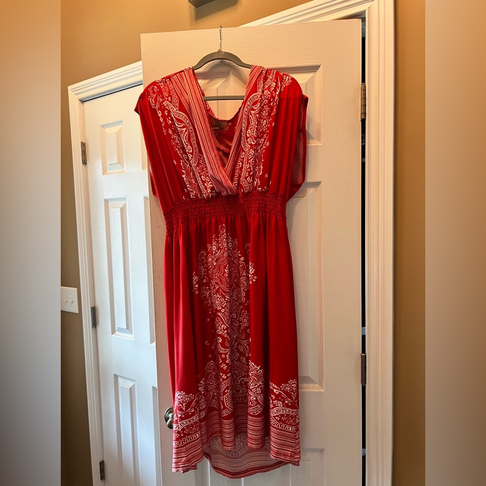 Red, bandanna print, midi dress